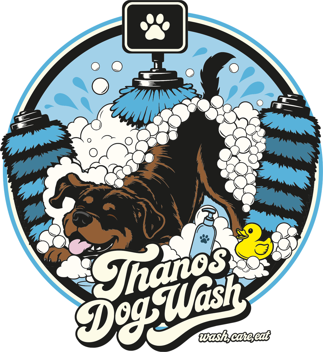 Thanos Dog Wash Logo: ein zufriedener Hund in der Waschbox mit Bürsten, Schaum und Quietscheente